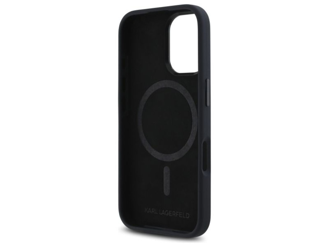 Capa para iPhone 16 com MagSafe, inicial metálica e sombra de silicone Karl Lagerfeld - Preta