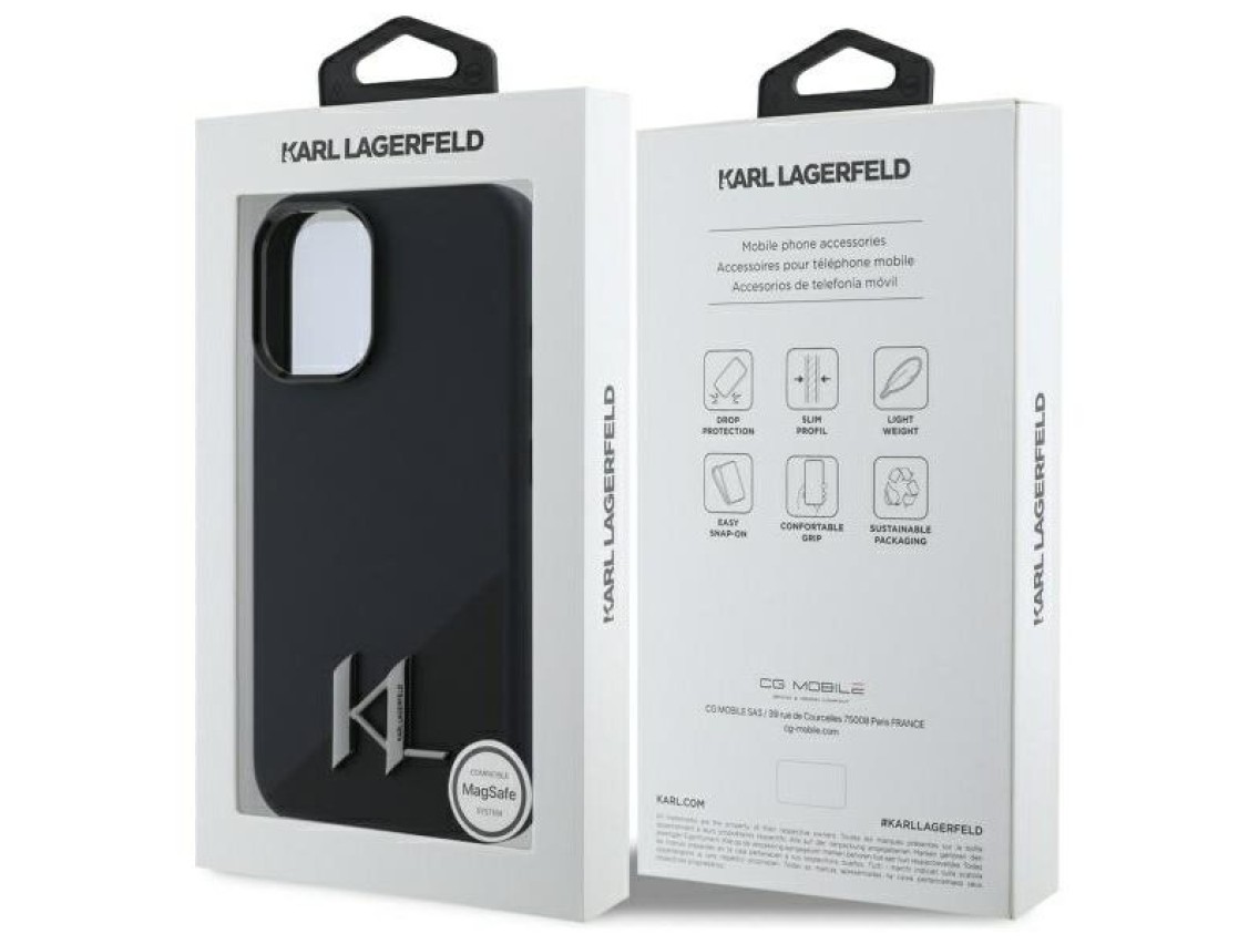 Capa para iPhone 16 com MagSafe, inicial metálica e sombra de silicone Karl Lagerfeld - Preta