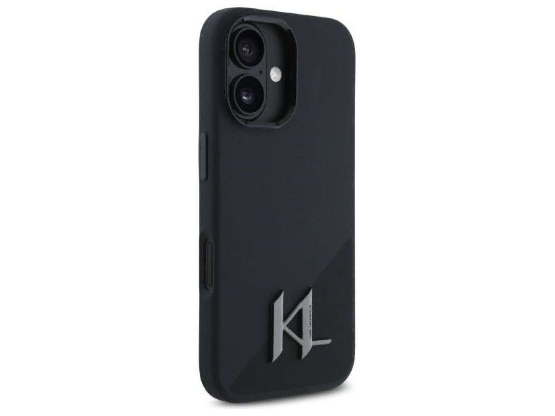 Capa para iPhone 16 com MagSafe, inicial metálica e sombra de silicone Karl Lagerfeld - Preta