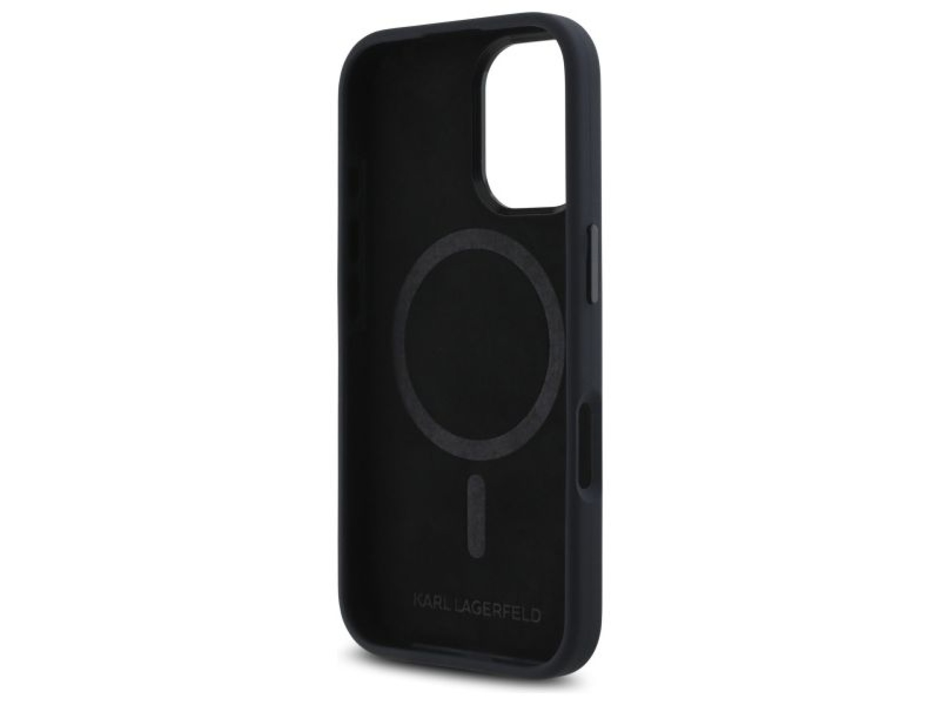Capa para iPhone 16 com MagSafe, inicial metálica e sombra de silicone Karl Lagerfeld - Preta