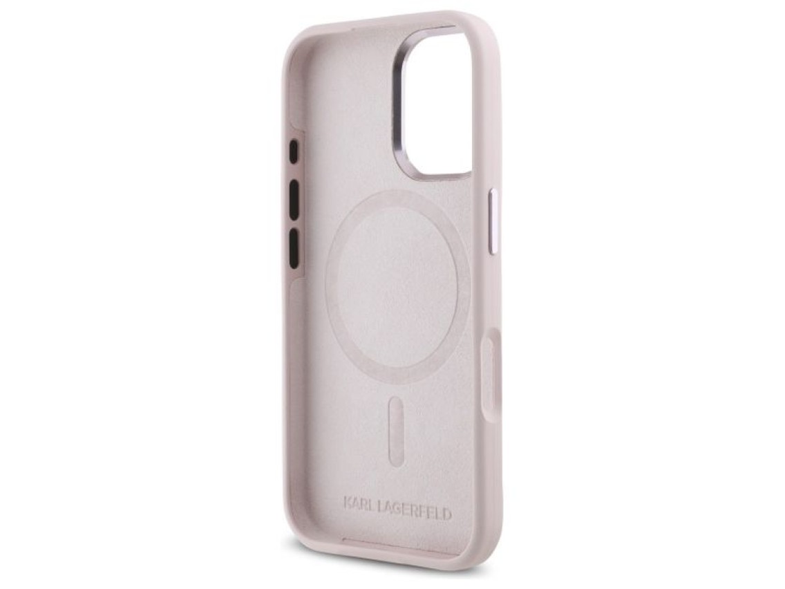 Funda Karl Lagerfeld de silicona Shadow Metal Initial MagSafe para iPhone 16 - Rosa