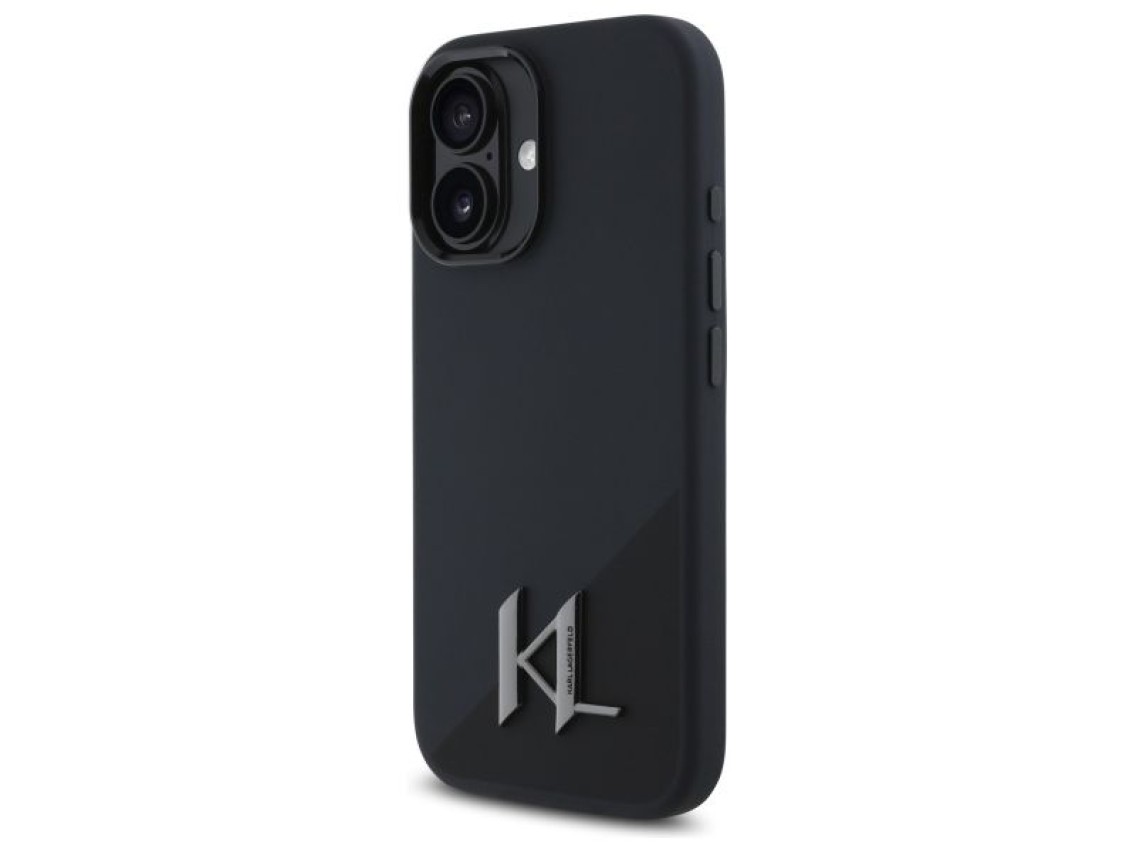 Capa para iPhone 16 com MagSafe, inicial metálica e sombra de silicone Karl Lagerfeld - Preta