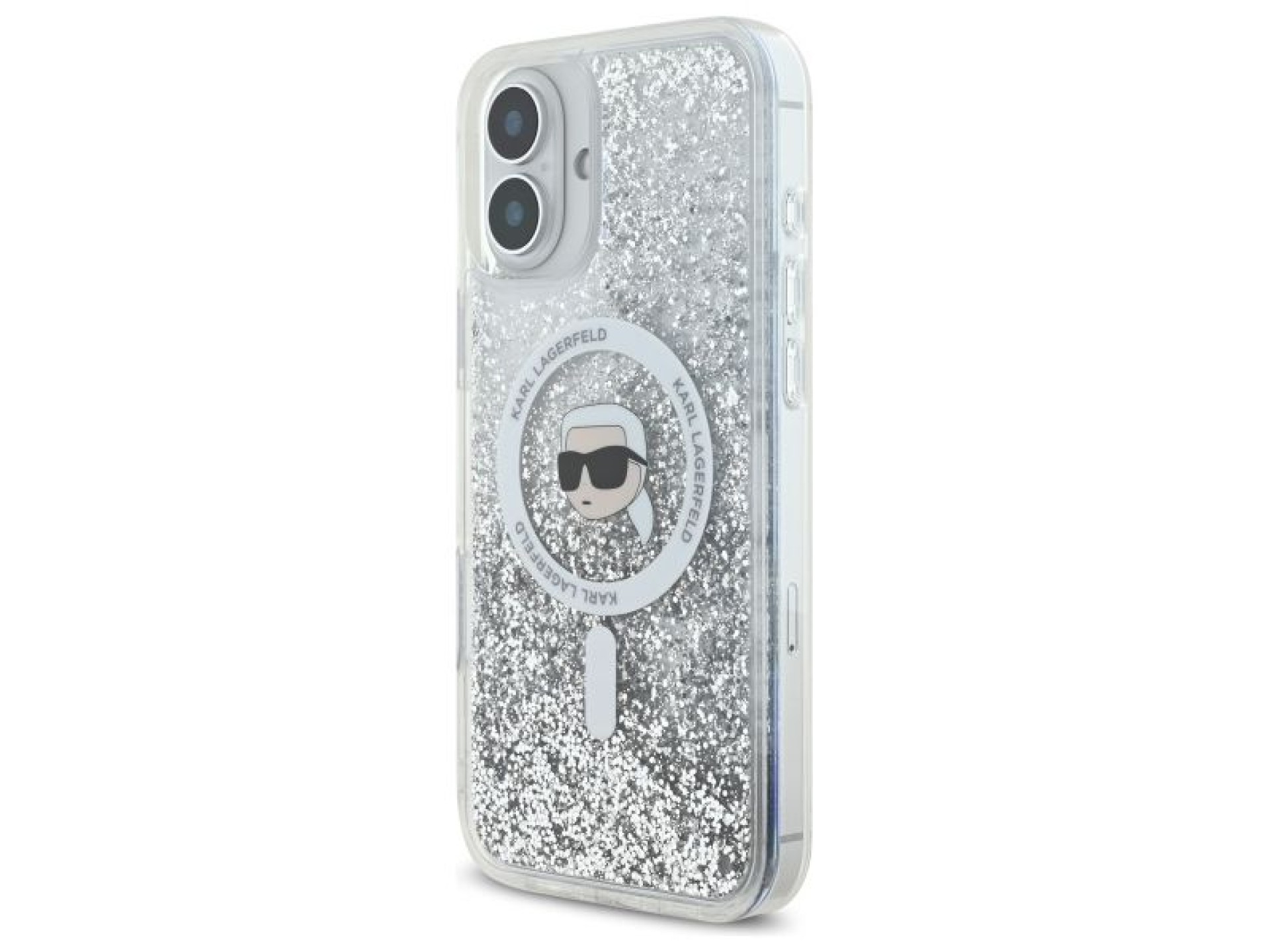 Capa MagSafe Karl Lagerfeld Liquid Glitter Karl Head para iPhone 16 Plus - Transparente