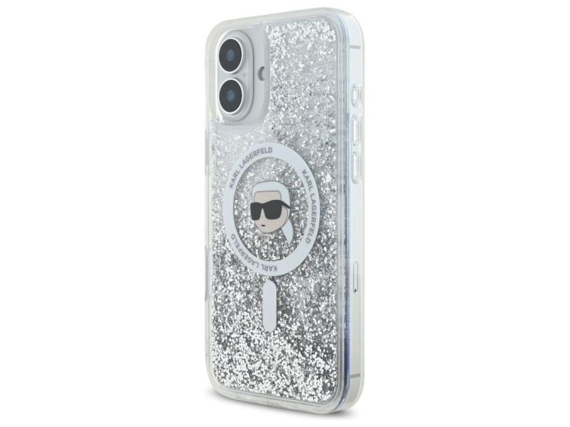 Capa MagSafe Karl Lagerfeld Liquid Glitter Karl Head para iPhone 16 Plus - Transparente