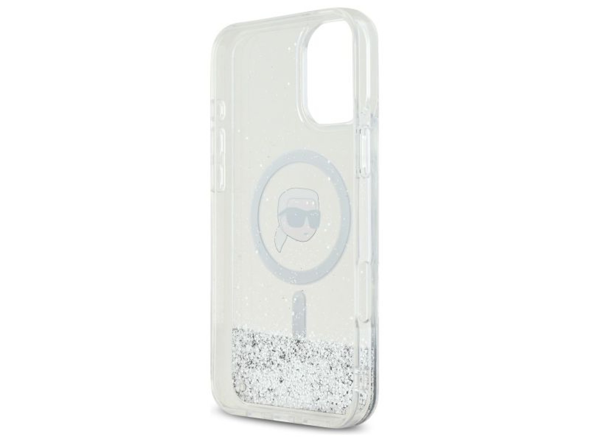 Capa MagSafe Karl Lagerfeld Liquid Glitter Karl Head para iPhone 16 Plus - Transparente