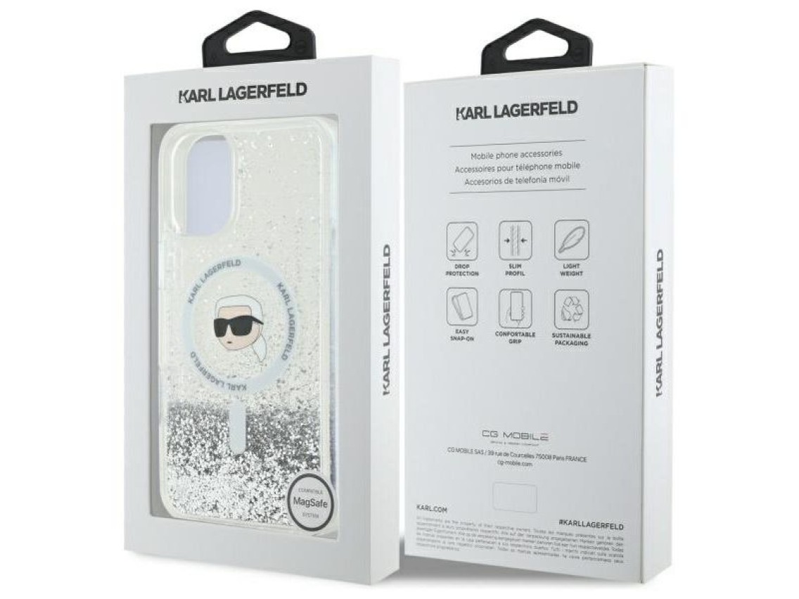 Capa MagSafe Karl Lagerfeld Liquid Glitter Karl Head para iPhone 16 Plus - Transparente