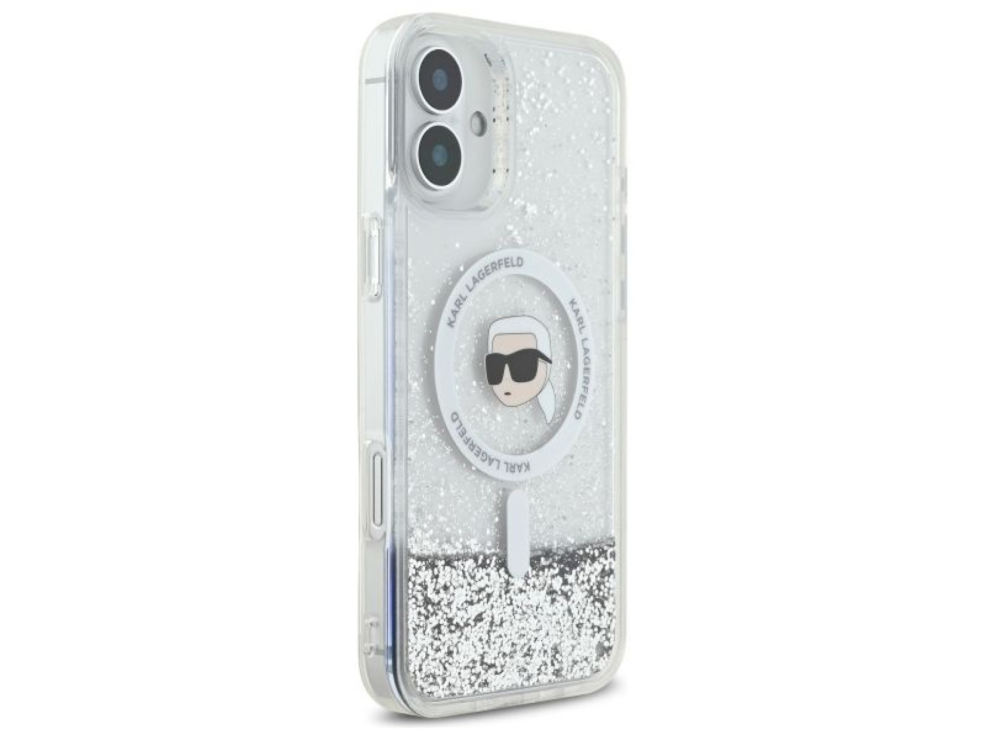 Capa MagSafe Karl Lagerfeld Liquid Glitter Karl Head para iPhone 16 Plus - Transparente
