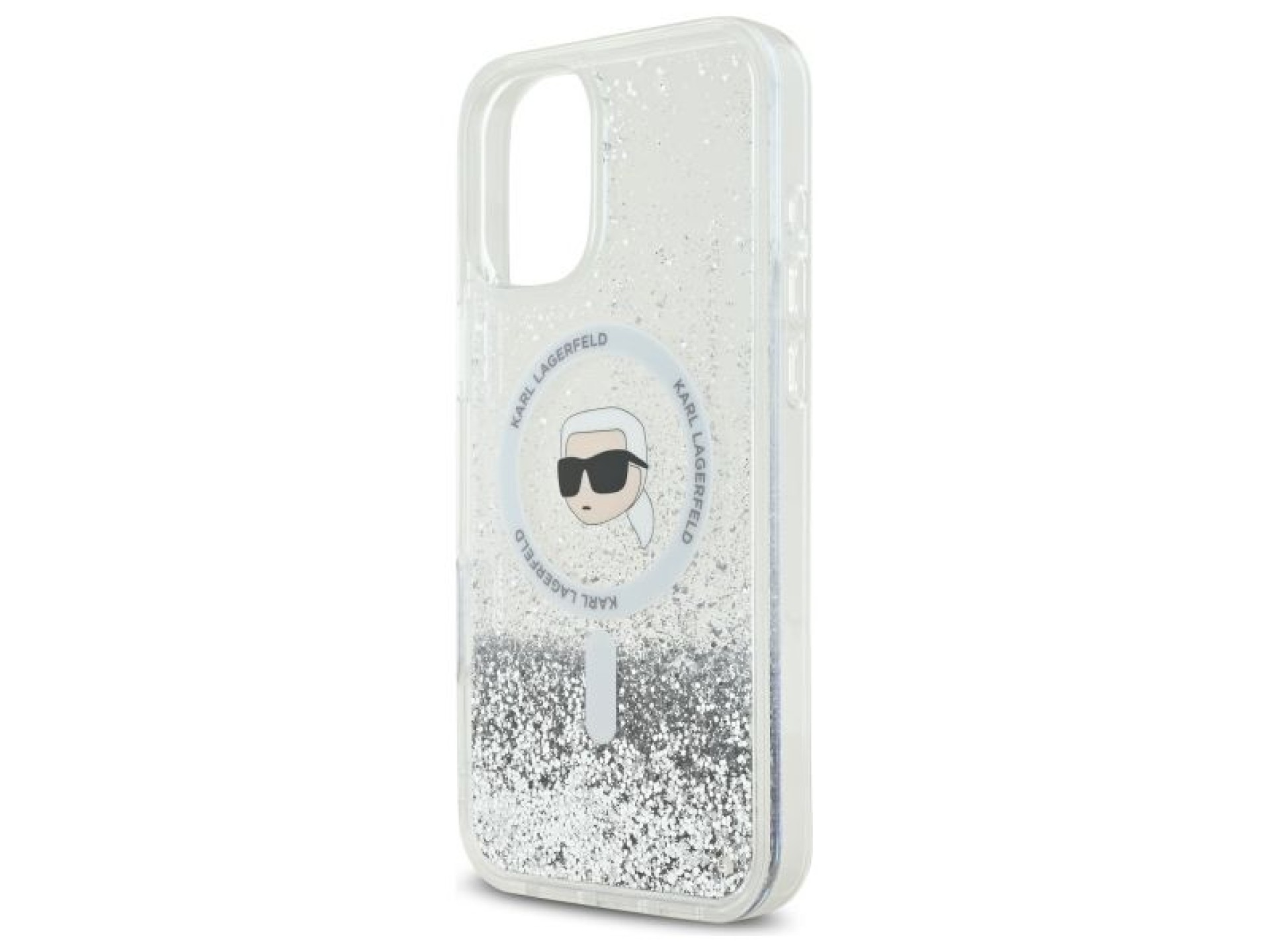 Capa MagSafe Karl Lagerfeld Liquid Glitter Karl Head para iPhone 16 Plus - Transparente