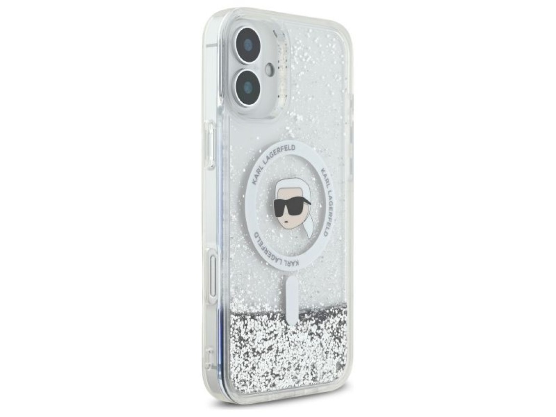Capa MagSafe Karl Lagerfeld Liquid Glitter Karl Head para iPhone 16 Plus - Transparente