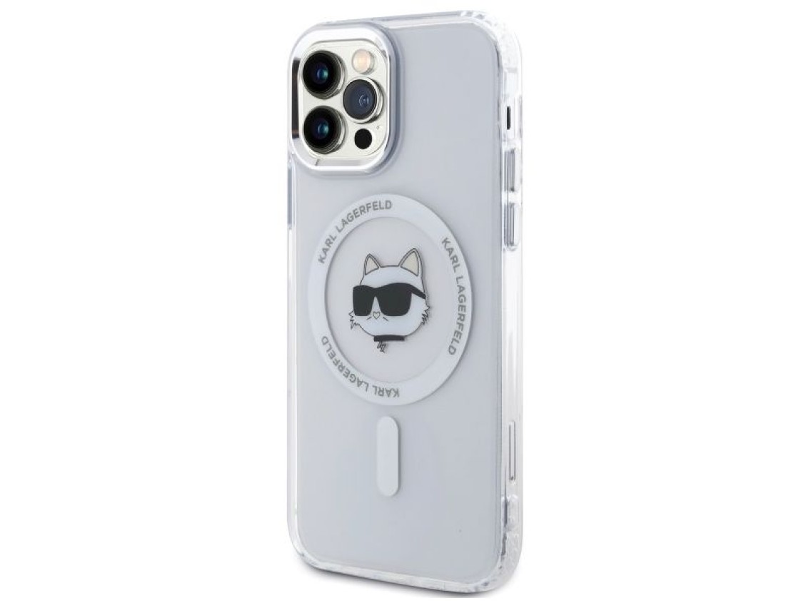 Capa MagSafe para iPhone 12 Karl Lagerfeld IML Metal Choupette Head - Branca