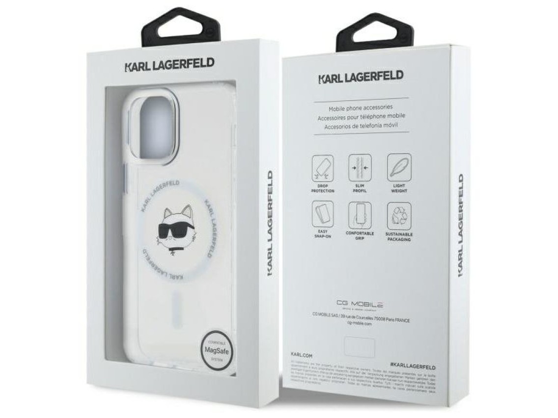 Capa MagSafe para iPhone 12 Karl Lagerfeld IML Metal Choupette Head - Branca