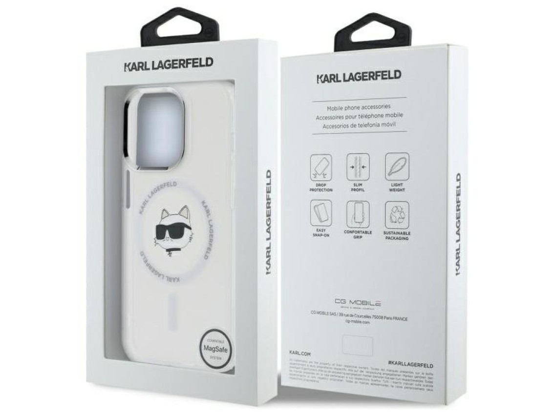 Capa MagSafe Karl Lagerfeld IML Metal Choupette Head para iPhone 14 Pro - Branca