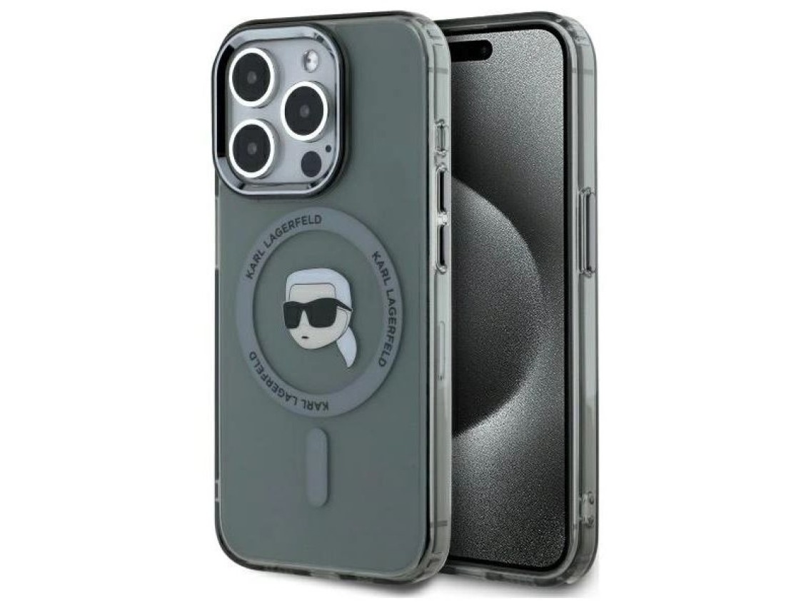 Funda rígida negra Karl Lagerfeld KLHMP15XHLSKIK para iPhone 15 Pro Max de 6,7" con IML Metal y cabe