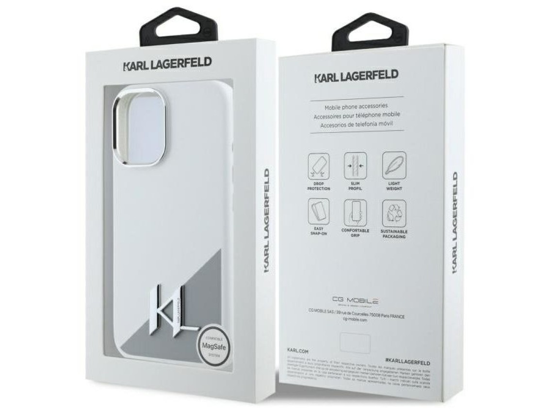 Funda de silicona Karl Lagerfeld con logotipo metálico inicial MagSafe para iPhone 16 - Blanca