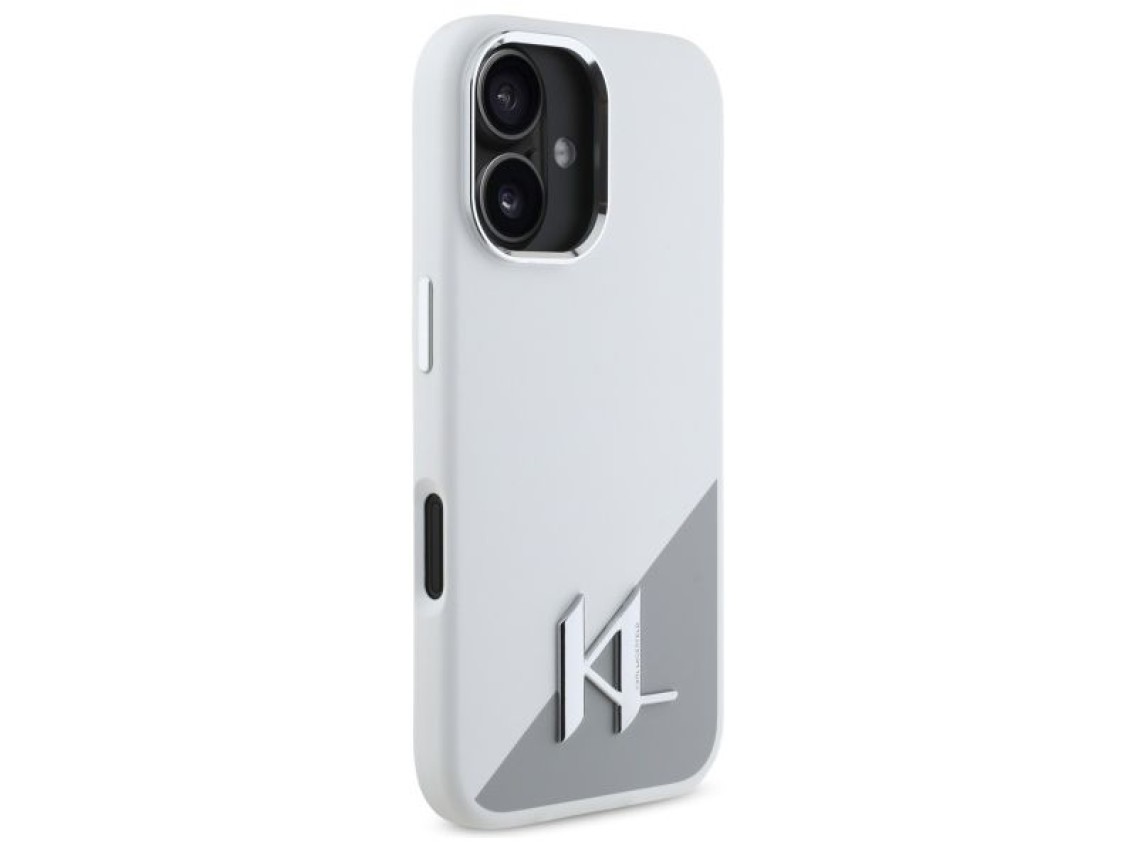 Funda de silicona Karl Lagerfeld con logotipo metálico inicial MagSafe para iPhone 16 - Blanca