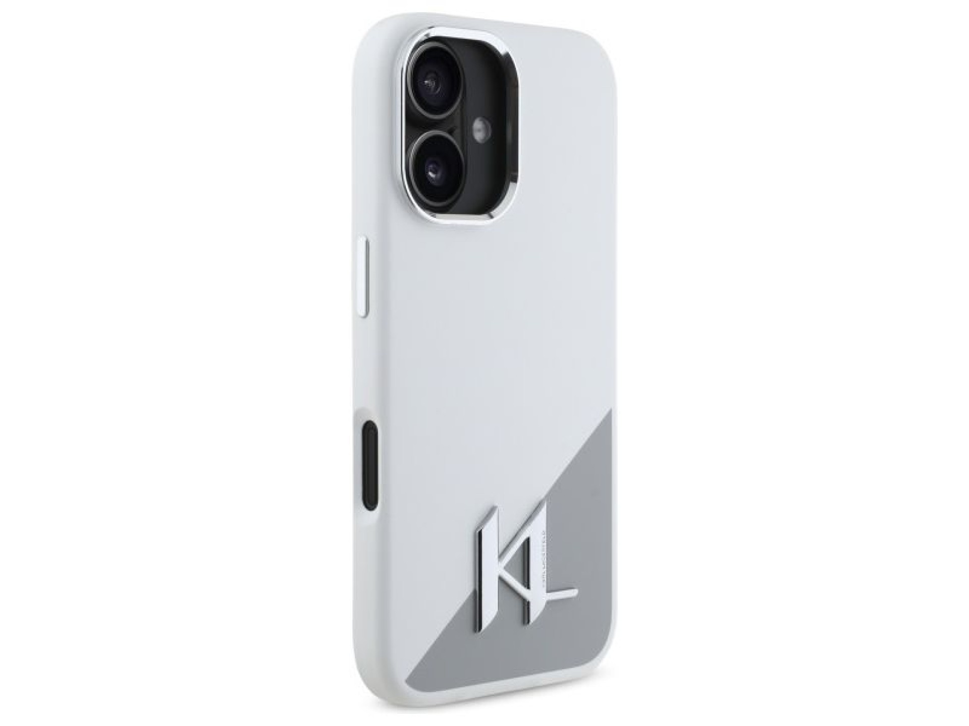 Funda de silicona Karl Lagerfeld con logotipo metálico inicial MagSafe para iPhone 16 - Blanca