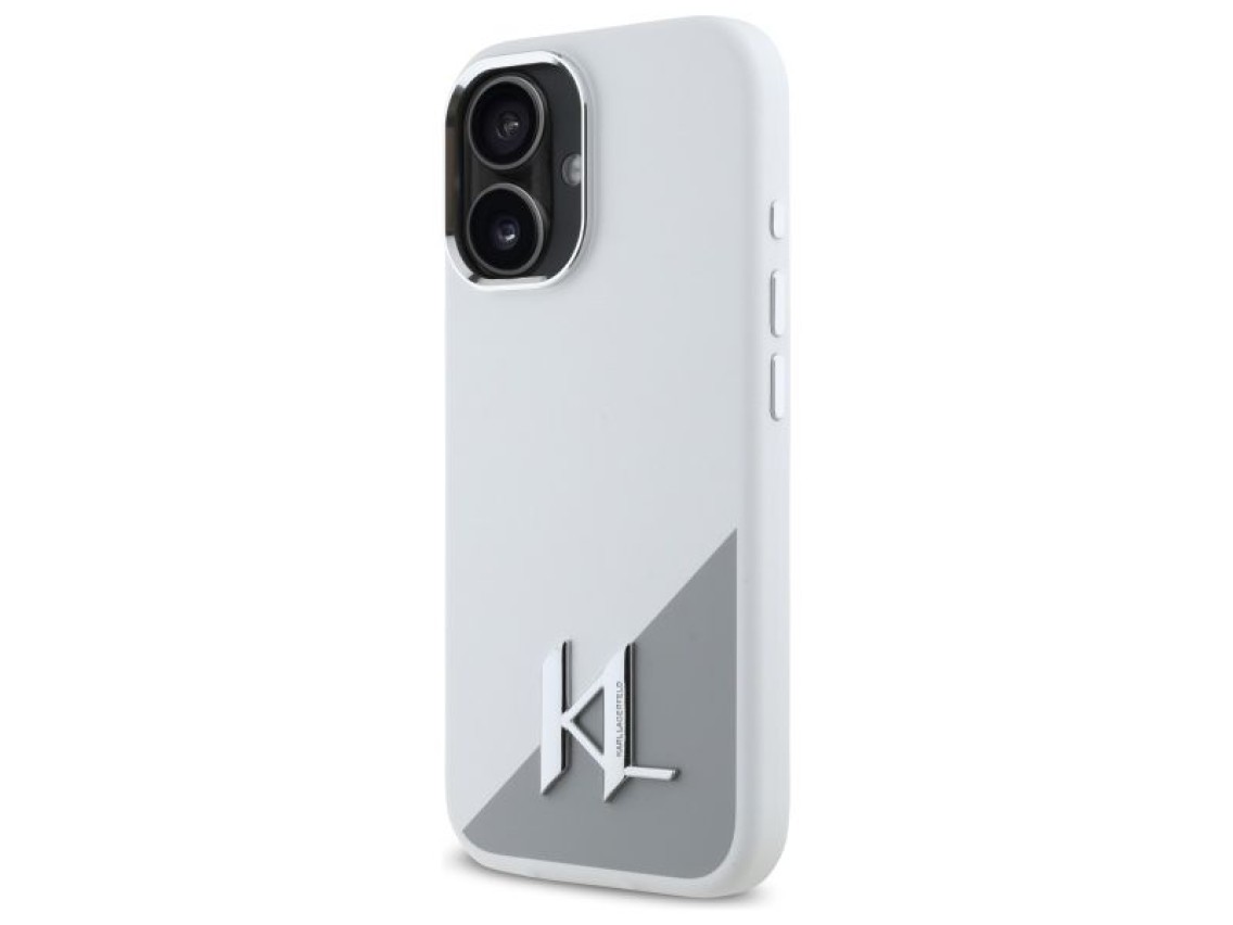 Funda de silicona Karl Lagerfeld con logotipo metálico inicial MagSafe para iPhone 16 - Blanca