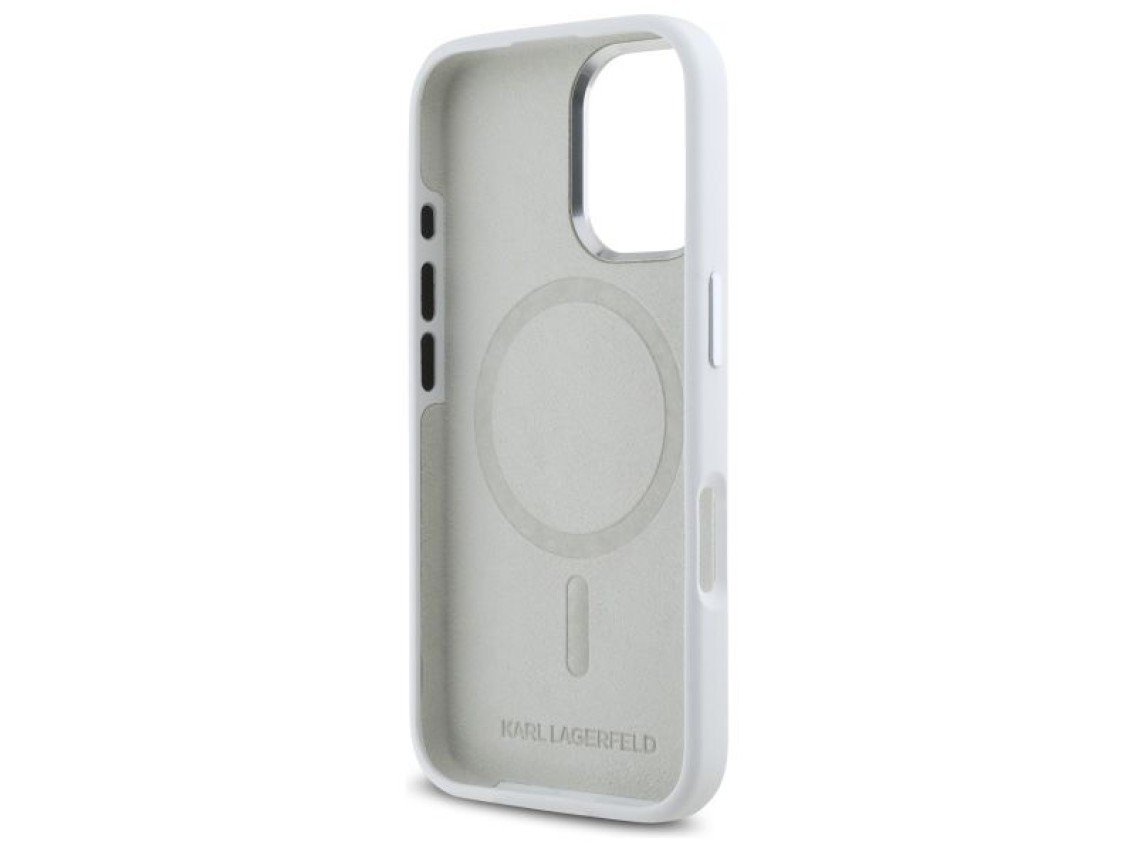 Funda de silicona Karl Lagerfeld con logotipo metálico inicial MagSafe para iPhone 16 - Blanca