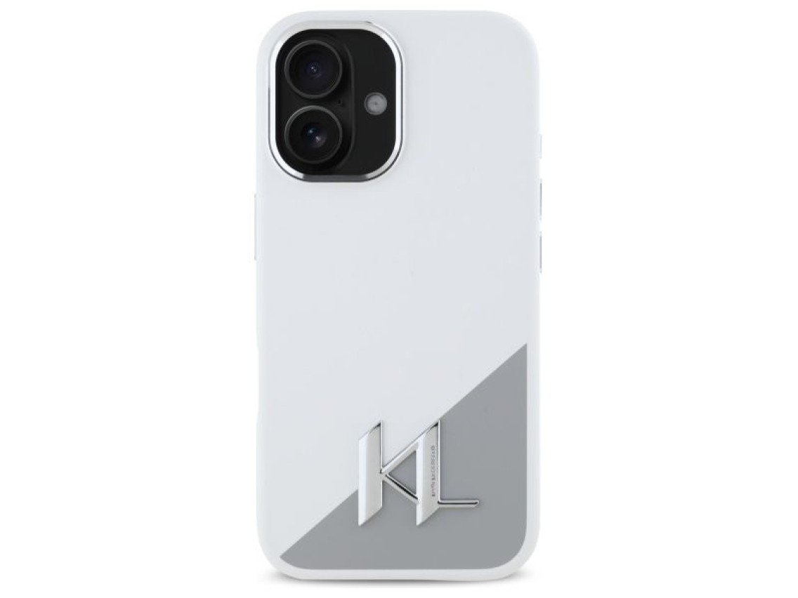 Funda de silicona Karl Lagerfeld con logotipo metálico inicial MagSafe para iPhone 16 - Blanca