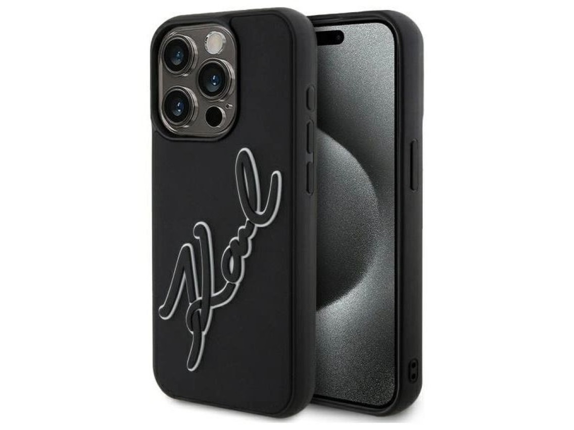 Funda de goma 3D con la firma de Karl Lagerfeld para iPhone 15 Pro Max - Negra