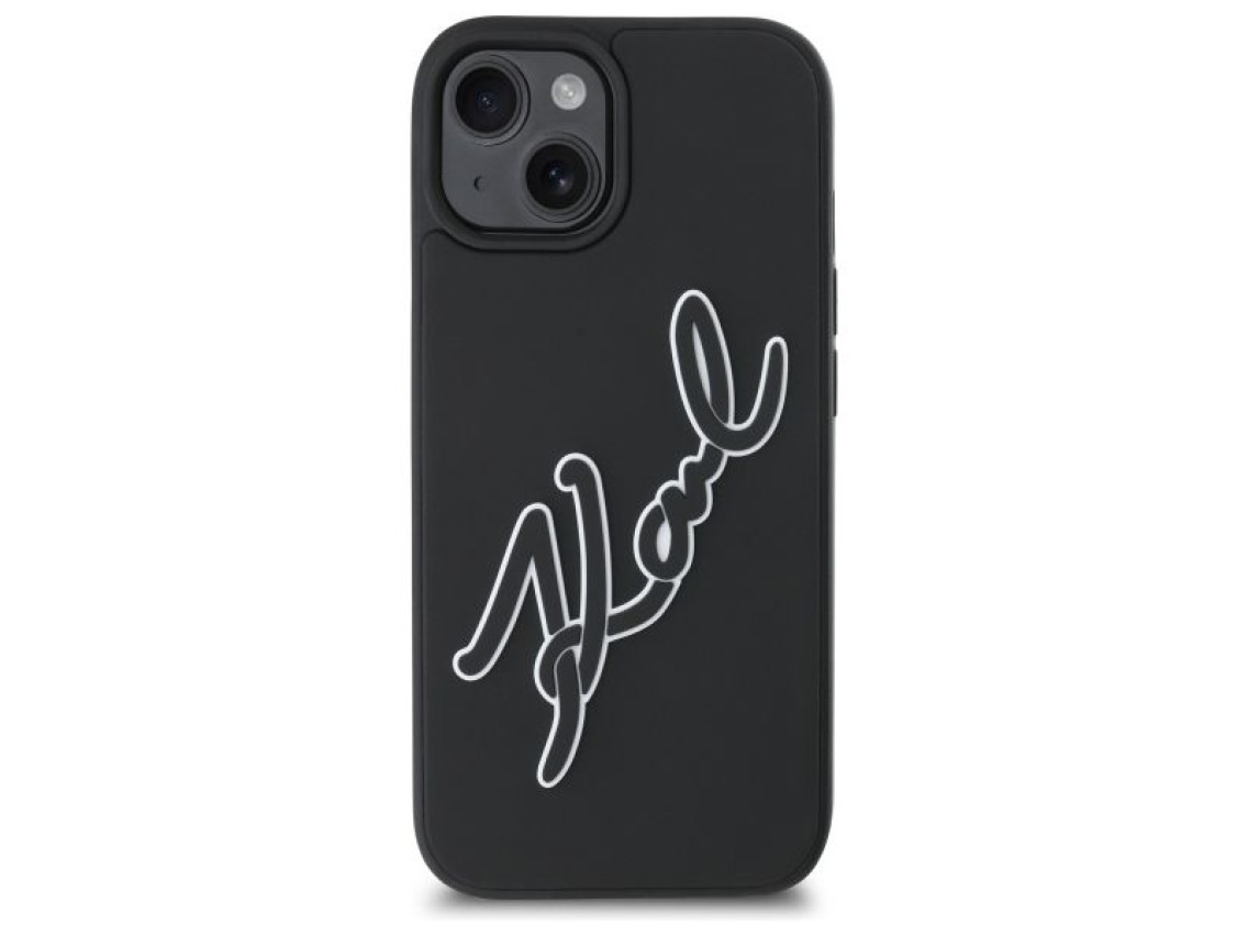 Capa para iPhone 15 com a assinatura de Karl Lagerfeld em borracha 3D - Preta