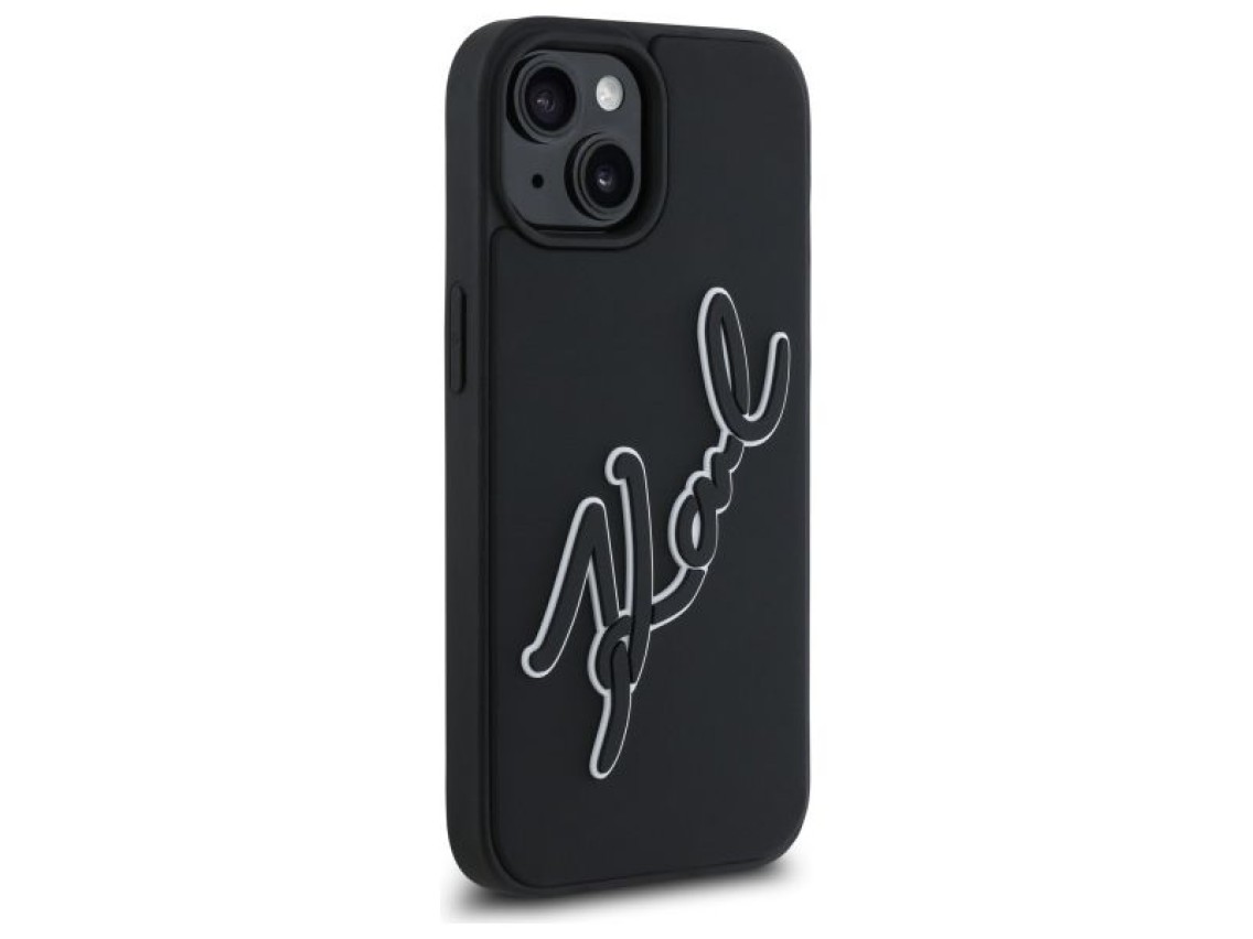 Capa para iPhone 15 com a assinatura de Karl Lagerfeld em borracha 3D - Preta