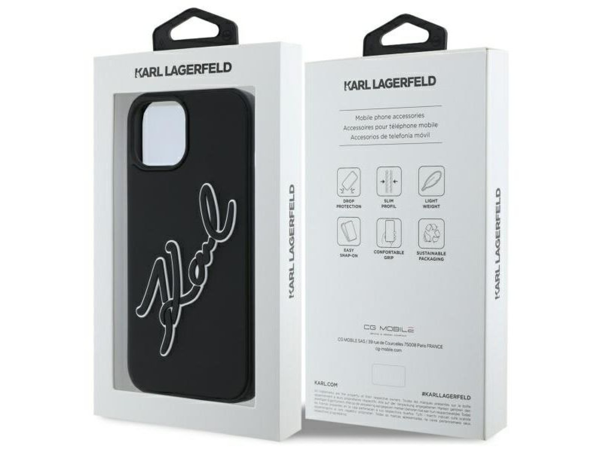 Capa para iPhone 15 com a assinatura de Karl Lagerfeld em borracha 3D - Preta