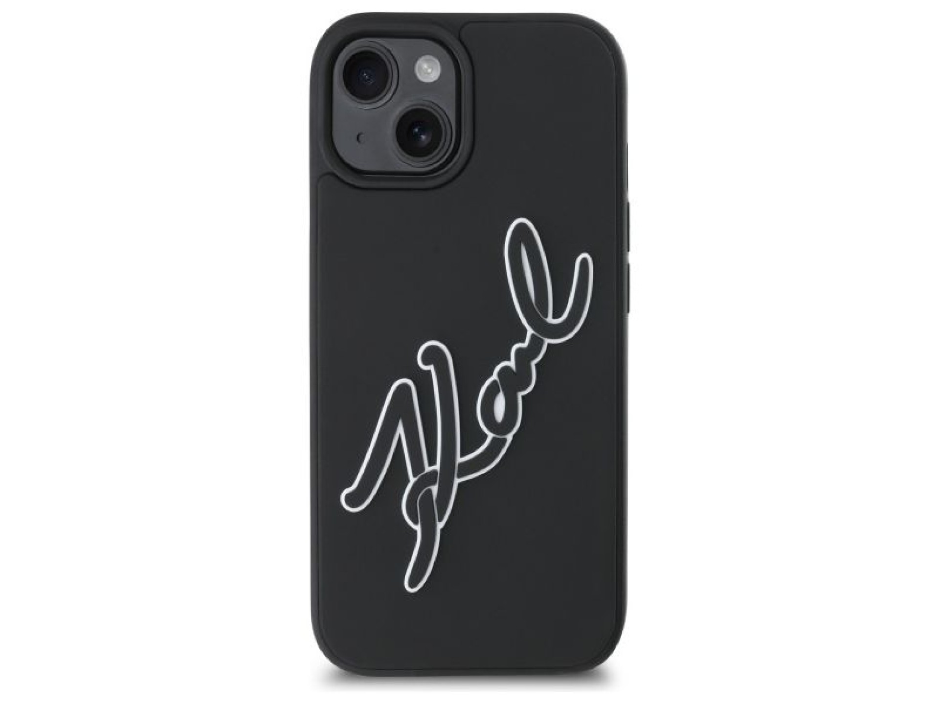Capa para iPhone 15 com a assinatura de Karl Lagerfeld em borracha 3D - Preta