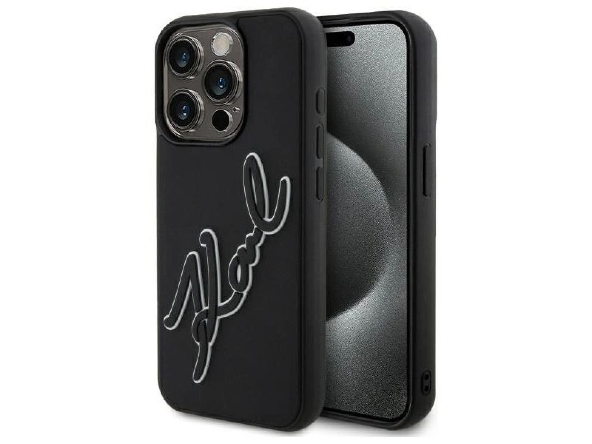 Funda de goma 3D con la firma de Karl Lagerfeld para iPhone 15 Pro Max - Negra