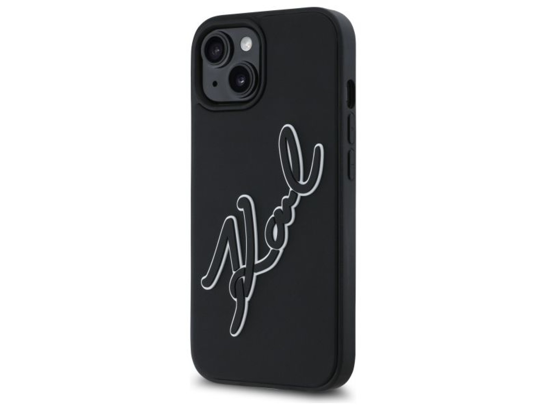 Capa para iPhone 15 com a assinatura de Karl Lagerfeld em borracha 3D - Preta
