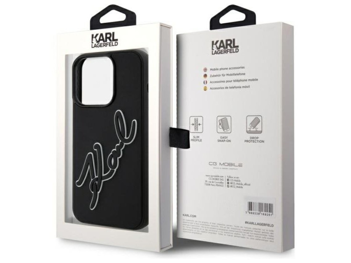 Funda de goma 3D con la firma de Karl Lagerfeld para iPhone 15 Pro Max - Negra