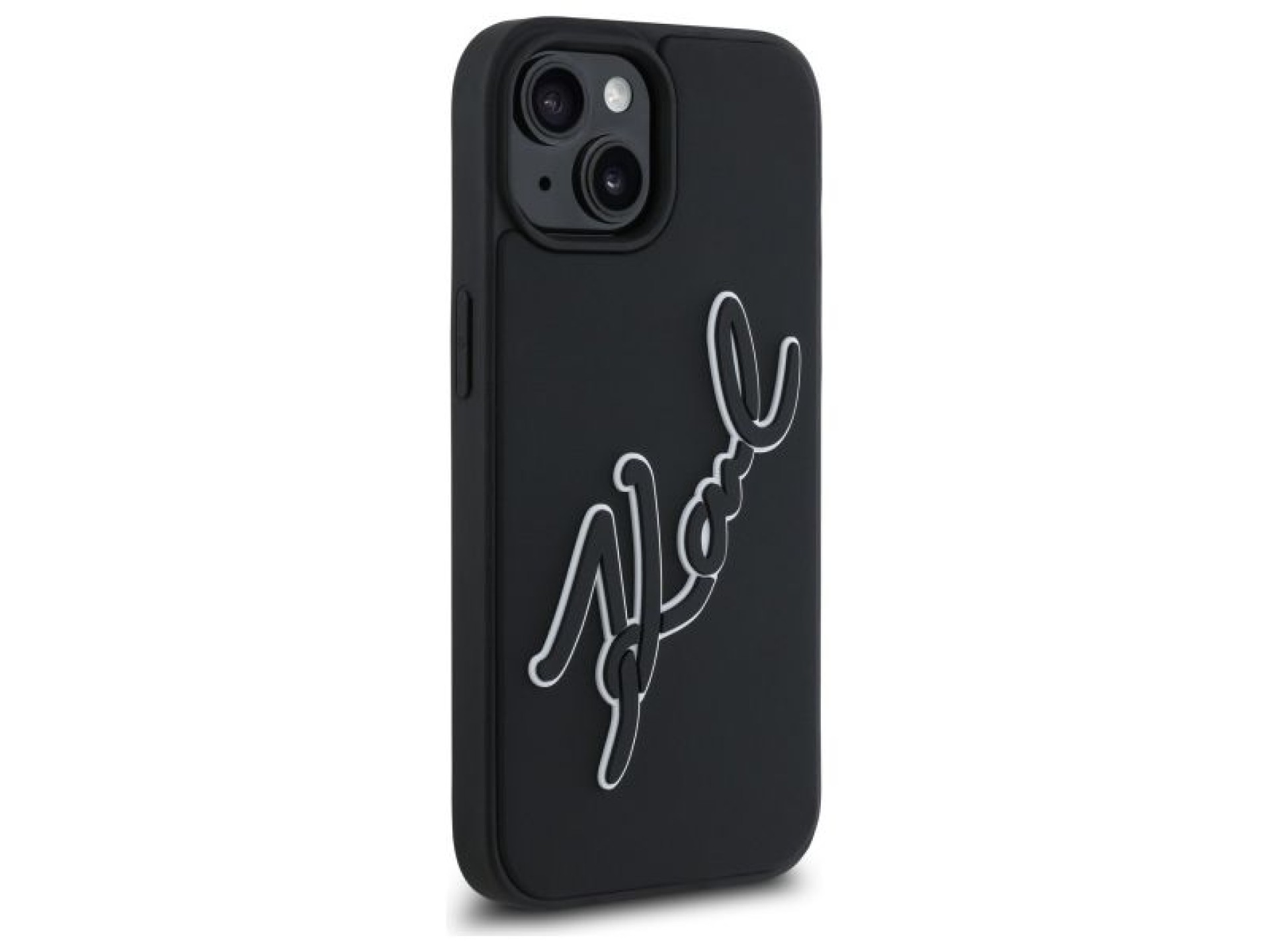 Capa para iPhone 15 com a assinatura de Karl Lagerfeld em borracha 3D - Preta