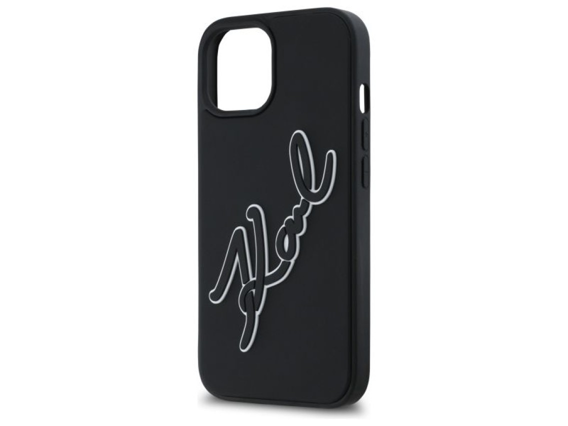 Capa para iPhone 15 com a assinatura de Karl Lagerfeld em borracha 3D - Preta