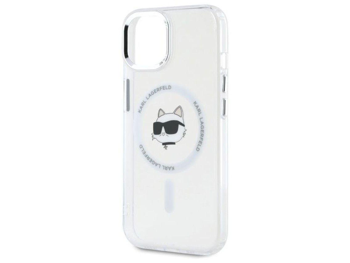 Funda Karl Lagerfeld IML Metal Choupette Head MagSafe para iPhone 15 - Blanca