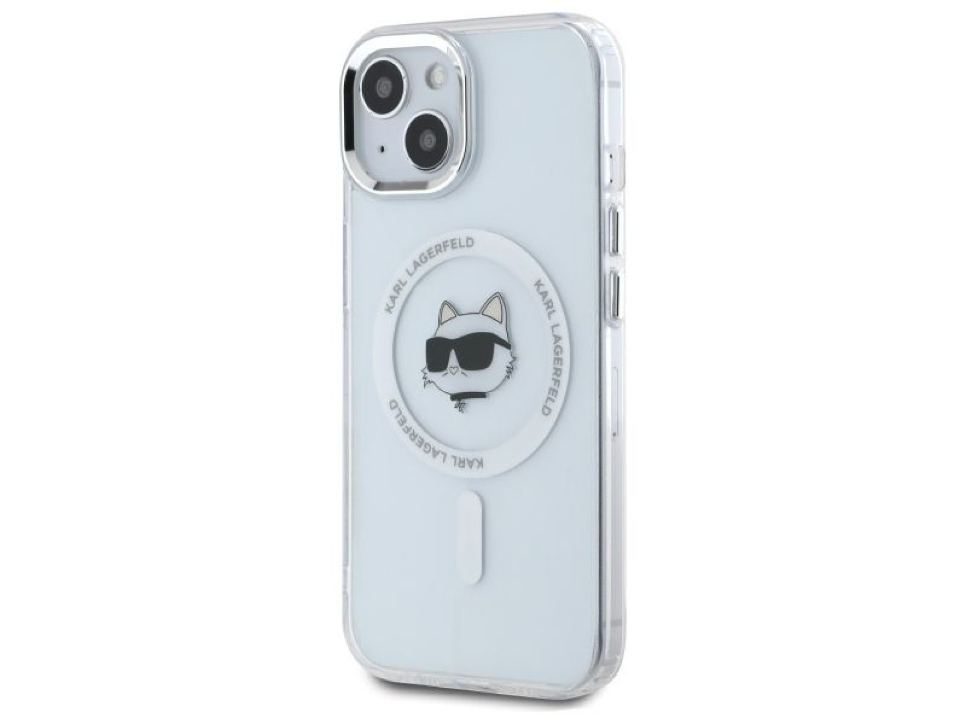 Capa MagSafe Karl Lagerfeld IML Metal Choupette Head para iPhone 15 Plus - Branca