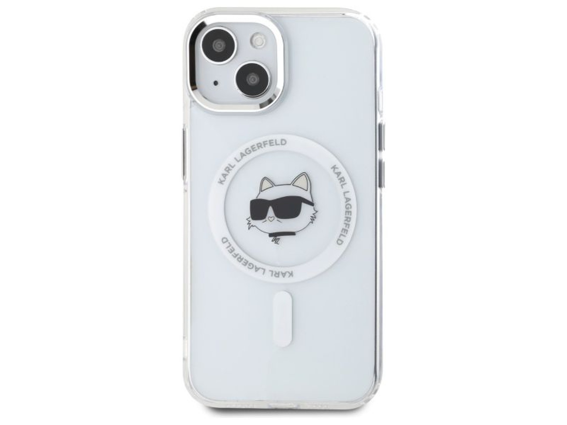Capa MagSafe Karl Lagerfeld IML Metal Choupette Head para iPhone 15 Plus - Branca