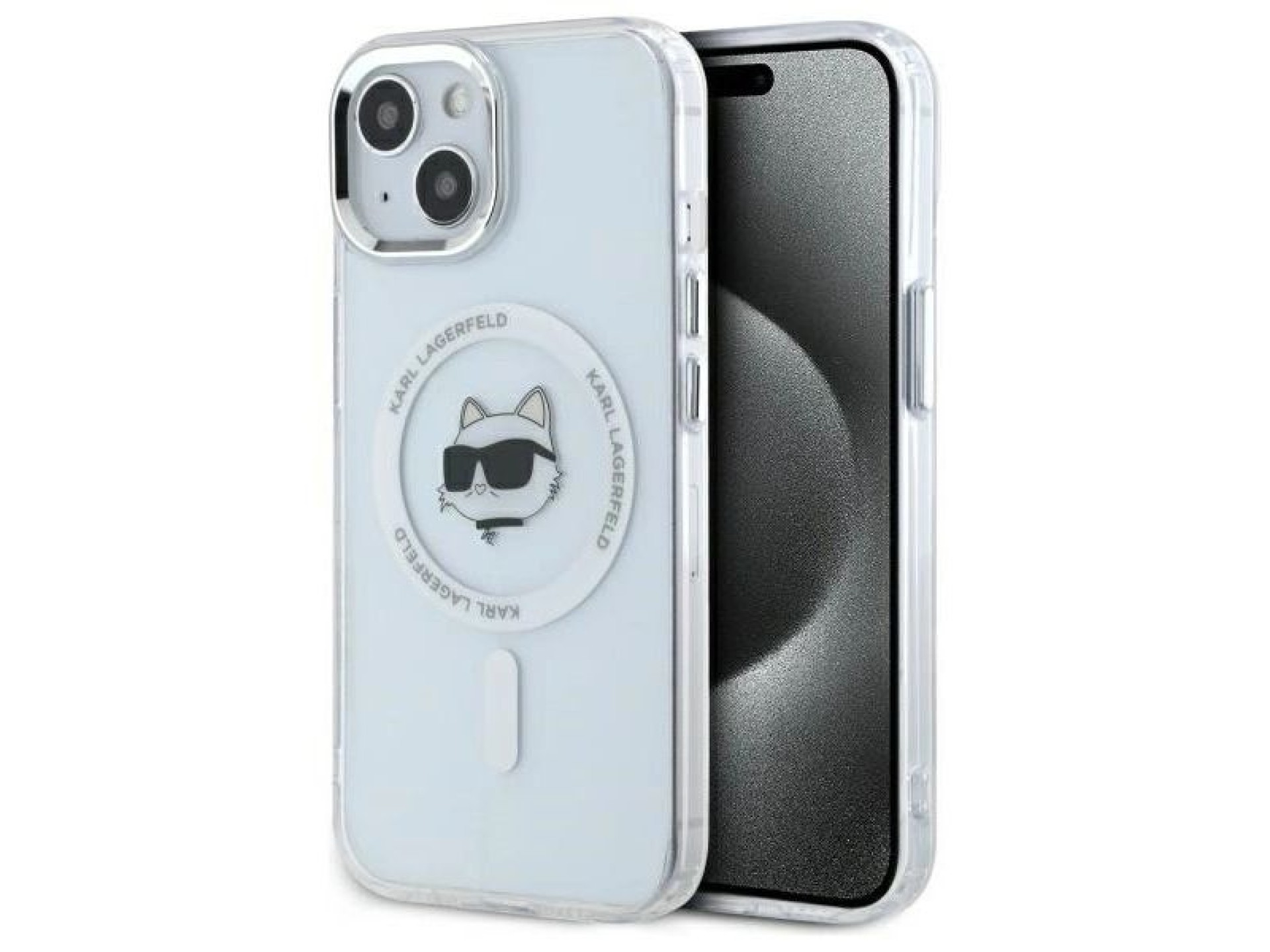 Capa MagSafe Karl Lagerfeld IML Metal Choupette Head para iPhone 15 Plus - Branca