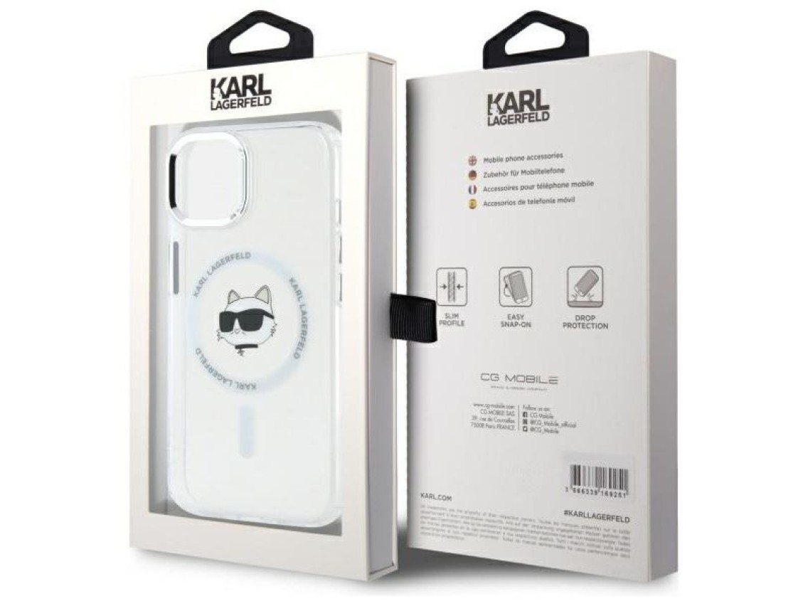Capa MagSafe Karl Lagerfeld IML Metal Choupette Head para iPhone 15 Plus - Branca