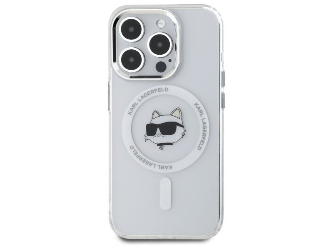 Capa MagSafe Karl Lagerfeld IML Metal Choupette Head para iPhone 15 Pro - Branca