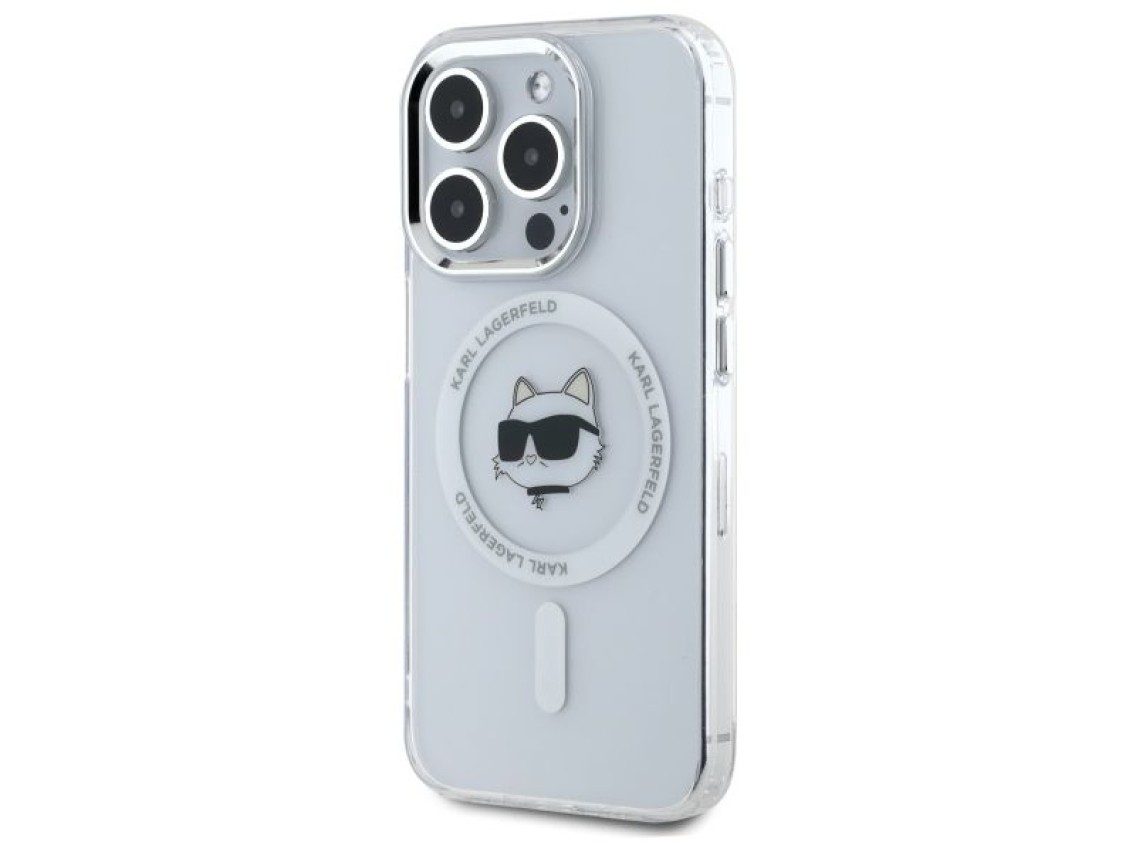 Capa MagSafe Karl Lagerfeld IML Metal Choupette Head para iPhone 15 Pro - Branca