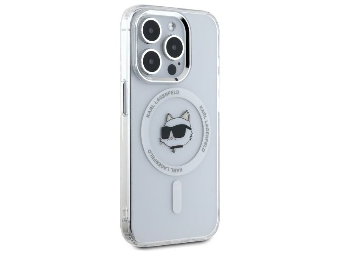 Capa MagSafe Karl Lagerfeld IML Metal Choupette Head para iPhone 15 Pro - Branca