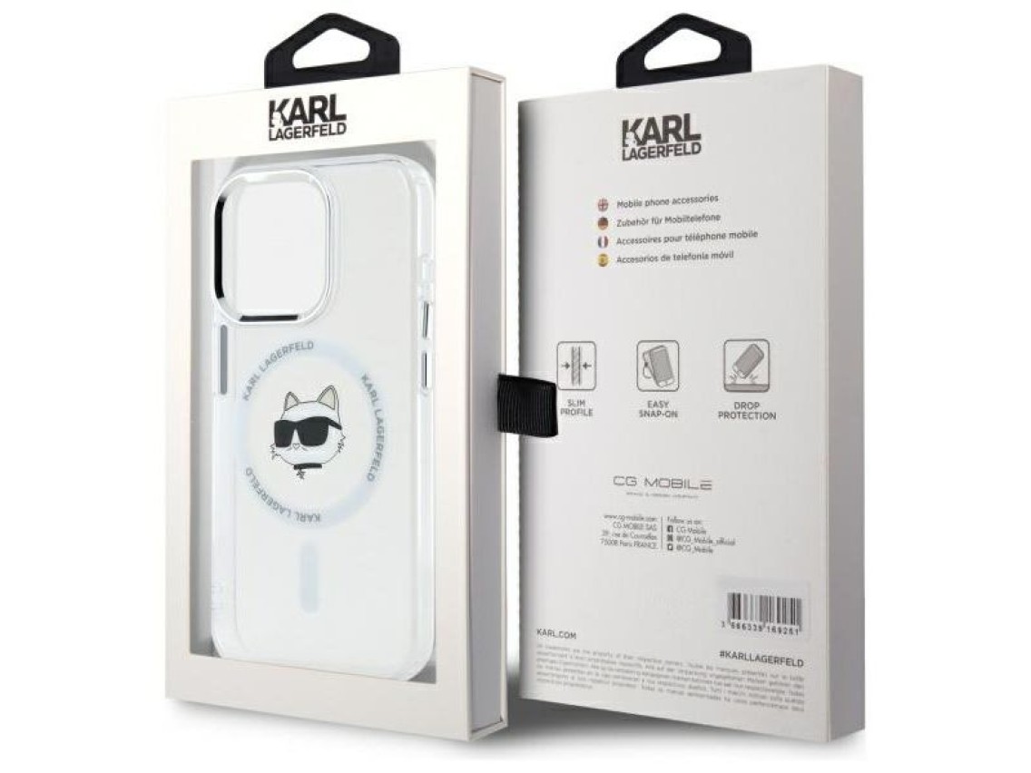 Capa MagSafe Karl Lagerfeld IML Metal Choupette Head para iPhone 15 Pro Max - Branca