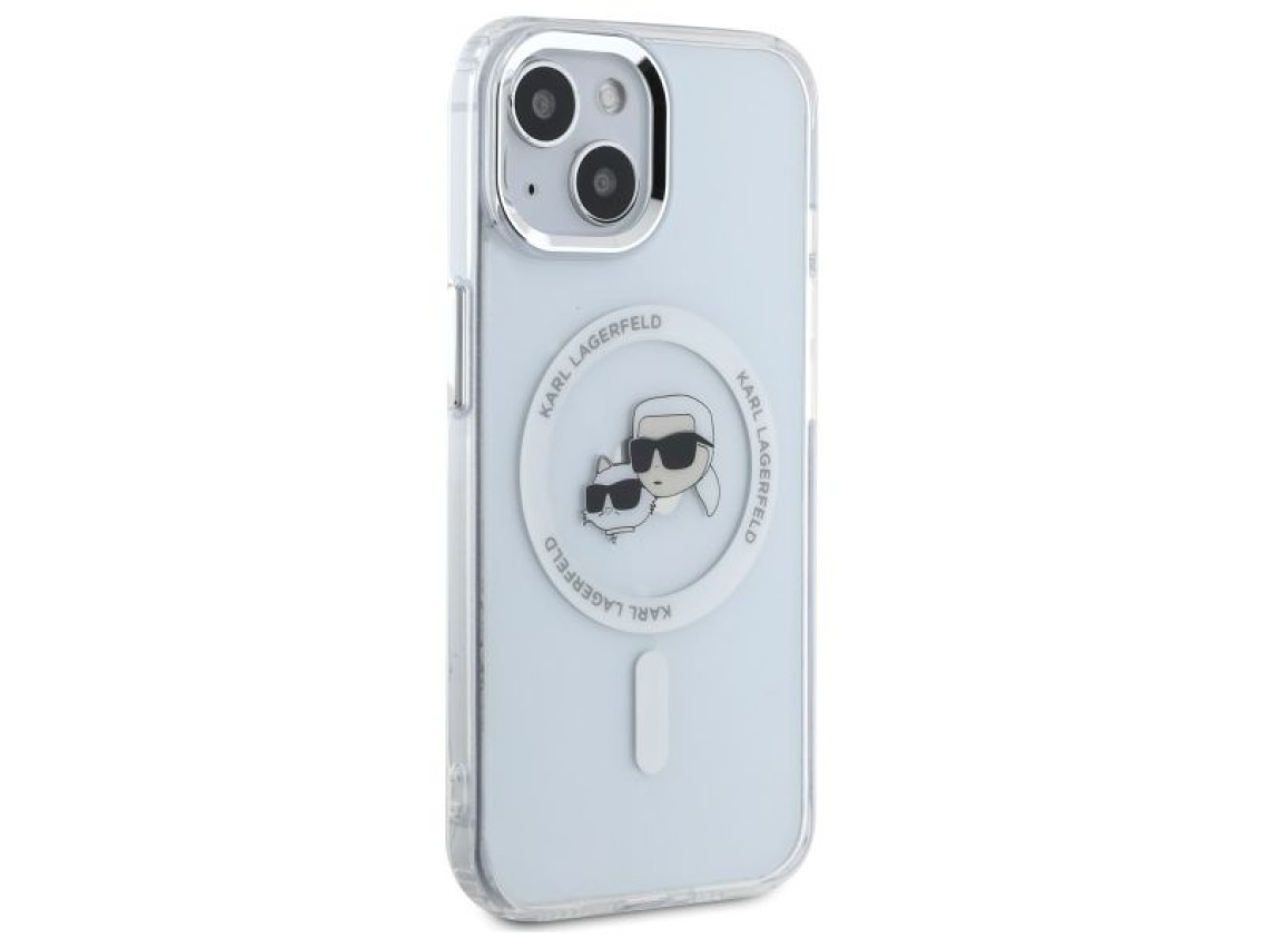 Capa MagSafe Karl Lagerfeld IML Metal Karl&Choupette Head para iPhone 15 - Branca