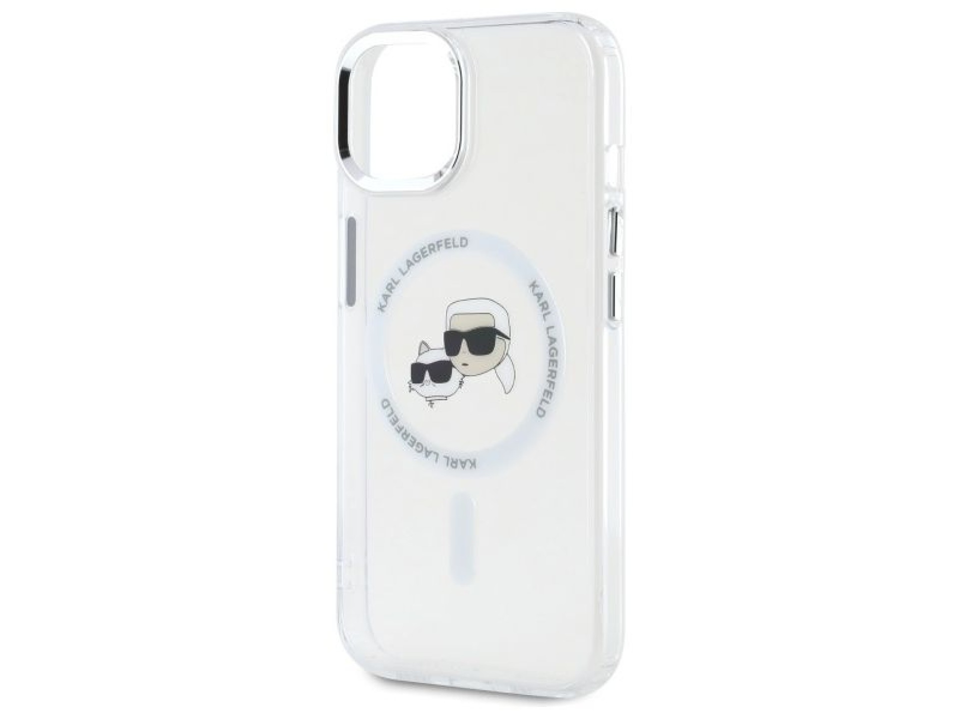 Capa MagSafe Karl Lagerfeld IML Metal Karl&Choupette Head para iPhone 15 - Branca