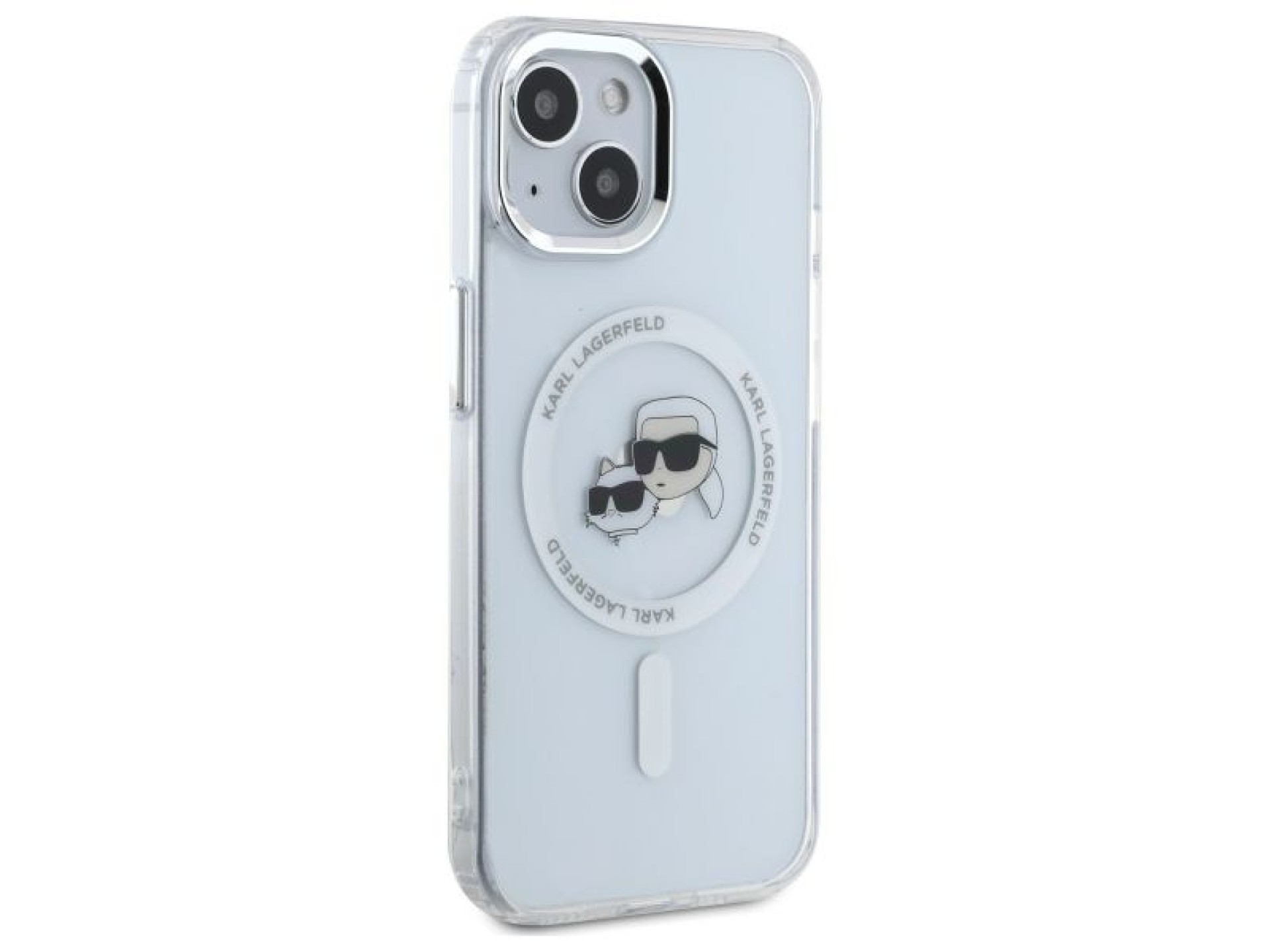 Capa MagSafe Karl Lagerfeld IML Metal Karl&Choupette Head para iPhone 15 - Branca