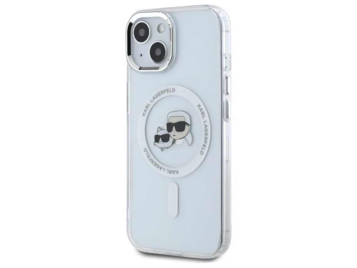 Capa MagSafe Karl Lagerfeld IML Metal Karl&Choupette Head para iPhone 15 - Branca