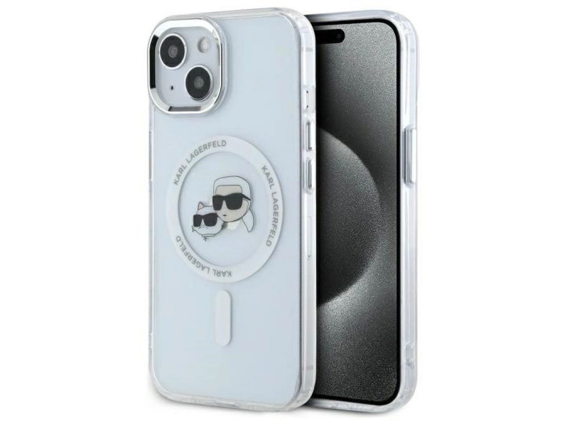 Capa MagSafe Karl Lagerfeld IML Metal Karl&Choupette Head para iPhone 15 - Branca