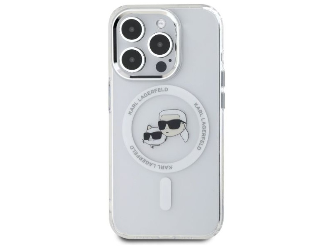 Capa MagSafe Karl Lagerfeld IML Metal Karl&Choupette Head para iPhone 15 Pro - Branca