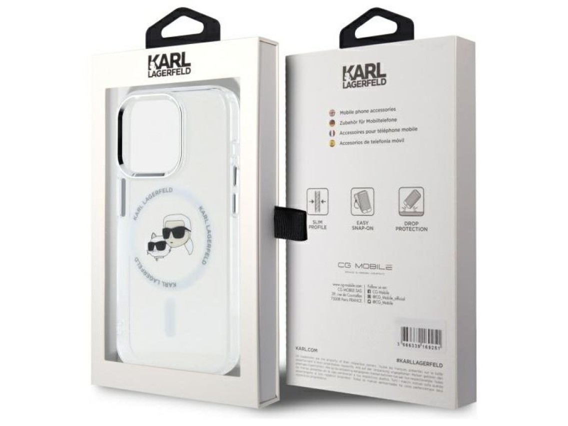 Capa MagSafe Karl Lagerfeld IML Metal Karl&Choupette Head para iPhone 15 Pro - Branca