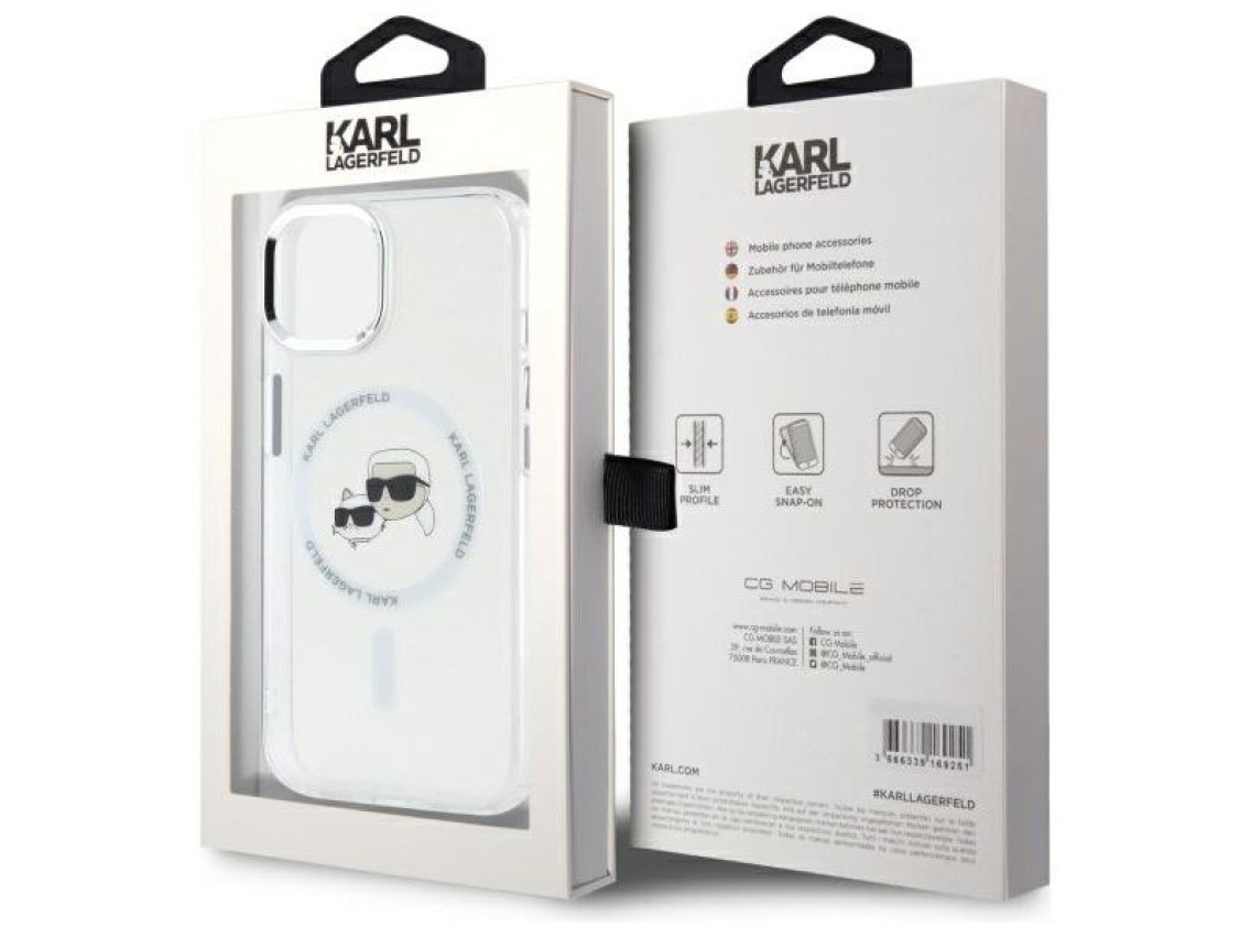 Capa MagSafe Karl Lagerfeld IML Metal Karl&Choupette Head para iPhone 15 - Branca